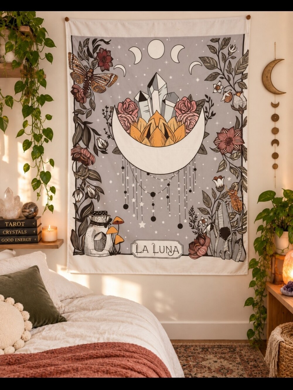 La Luna Celestial Moon Crystal Floral Tapestry 40x60 Witchy Boho Decor